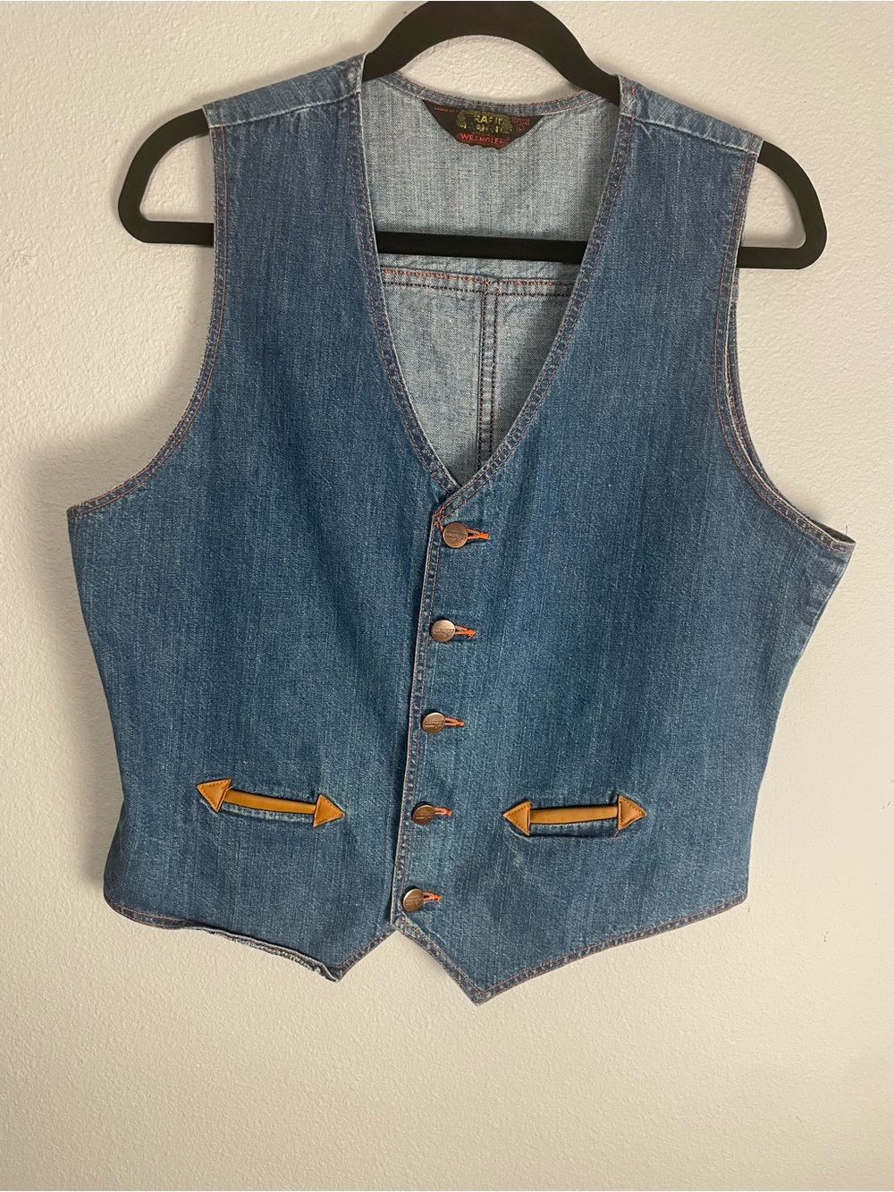 Vintage Wrangler Made in USA Denim Western Vest Leather Trim Large